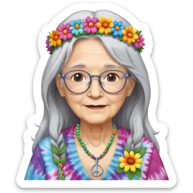 elderly woman with long grey hair, glasses, peace sign necklace, tie-dye clothing, flower crown sticker