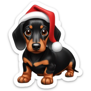 Black and brown miniture dachshund with a red santa hat sticker