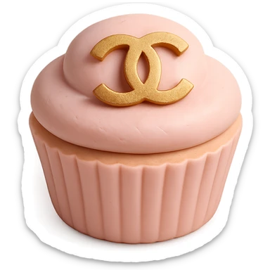 pastel pink Chanel cupcake with a gold logo accent, luxury style sticker