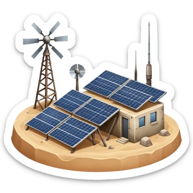 Desert outpost with solar panels and antennas sticker
