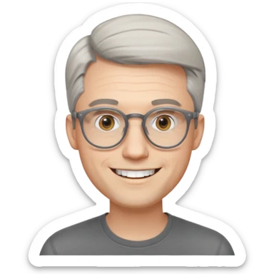 30 yr old pale white man, grey side swept hair, round glasses, big smile, white teeth, handsome, longer hair, thin glasses, no wrinkles sticker