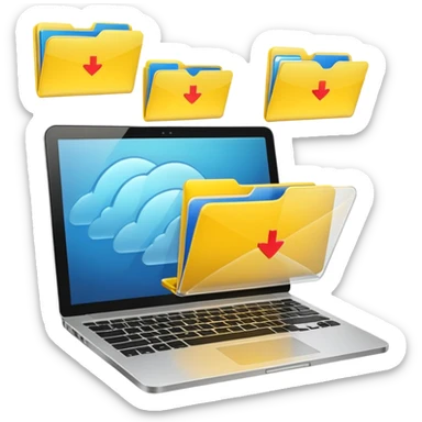 An open laptop with yellow folders containing data flying out. sticker