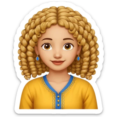 curly-haired fair Indian girl, braid, yellow kurti, blue jeans, cheerful expression sticker