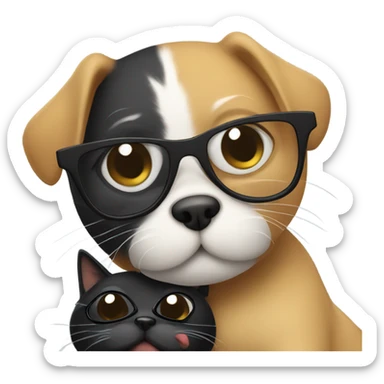 a cat in black glasses hugs a dog in black glasses sticker