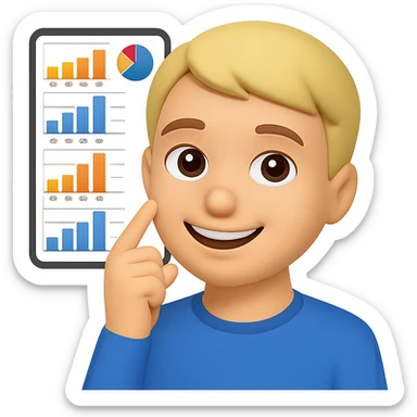 Person thinking with graphs in the background, smiling, in apple emoji style with a pink background. sticker