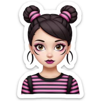 generate a pretty fair bratz girl with dark brown eyes. Dark brown hair straight hair with pink highlights tied into buns. Big eyeliner. black lipstick. Black and white striped top.  sticker