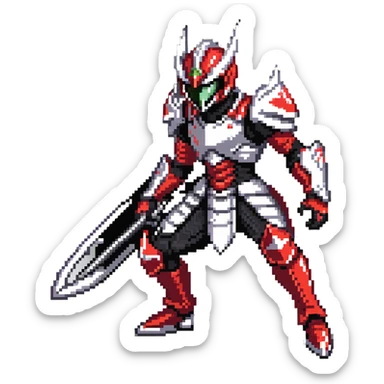 Kamen Rider Ryuki in full red and silver armor with black underlayers, silver dragon-themed helmet with sharp visor slits, intricate scale-like paneling, in a defensive yet ready pose, facing a lunging mirror monster sticker