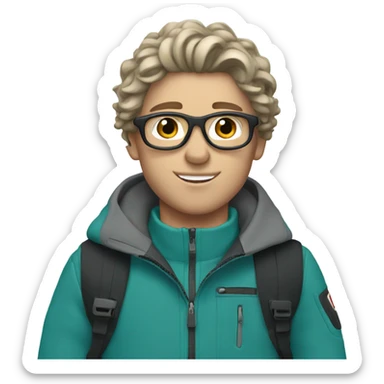 white Boy with wavy hair skiing on teal skis. He is wearing black pants and a gray jacket   sticker