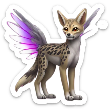 Coyote ocelot standing with grey and black fur and phoenix wings on back and pink ears half skeleton, neon lights sticker