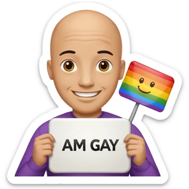bald guy holding sign that says "am gay" sticker