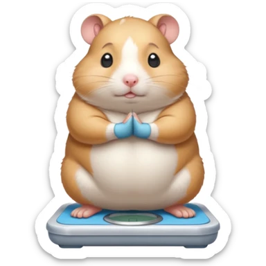 Cute chubby cartoon-style hamster standing on a bathroom scale, looking nervous with praying hands. Painterly shading, closed eyes, white background, sticker-style illustration sticker