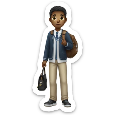young man with a maginfying glass in his hand and wearing school uniform and bag sticker