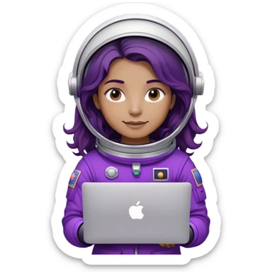 astronaut with purple suit, long ombre black/brown wavy hair and one macbook sticker