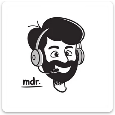 a person with black hair, brown eyes, and a black beard wearing a gaming headset saying "mdr" sticker