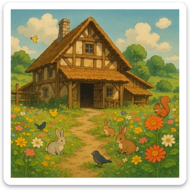 medieval farm ghibli style, wooden chalet, flower garden, cute animals, soft light sticker