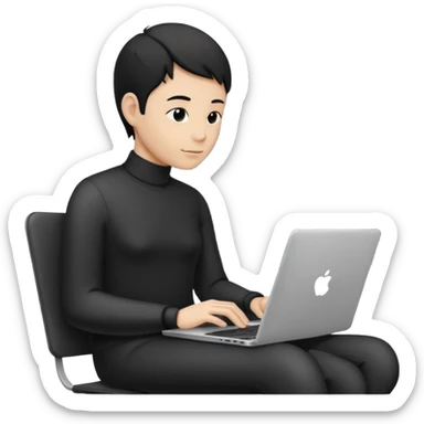 Minimalistic flat vector icon, iOS style, thin black contour on white background. Person silhouette sitting with a laptop, code brackets <> on the screen. Clean, no te sticker