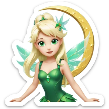 Isolated, 3D rendering, Tinkerbell with futuristic cyberpunk style and colors, ultra detailed wings, flying above the fluffy clouds near the moon, blonde long shiny hair,  emerald strik green eyes, still life, vivid colors, detailed, storybook masterpiece  sticker