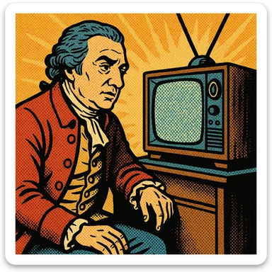 A picture of 1700s surgeon john hunter watching an old 1980s TV set sticker