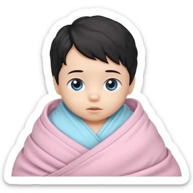 a  asian newborn baby with black wavy hair and blue eyes wrapped in a light pink swaddle sticker
