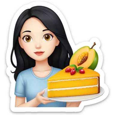 Beautiful girl with long black hair holding mango cake sticker