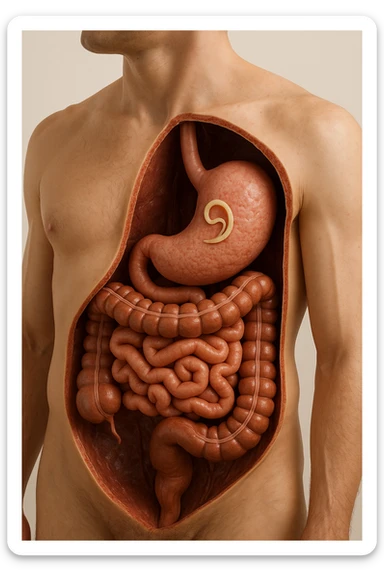 a 3D cutaway view of the human digestive tract, showing an Anisakis larva attached to the stomach or intestinal wall. in a man sticker
