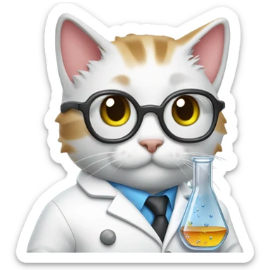 cat wearing chemistry lab coat goggles and has flask with chemicals sticker