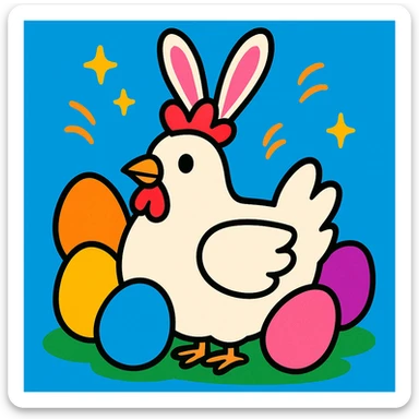 a white hen with pink bunny ears and colourful eggs, fun playful style sticker