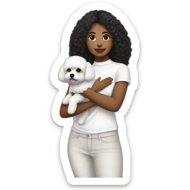 mujer pelo negro largo piel blanca y perro bichon blanco sticker