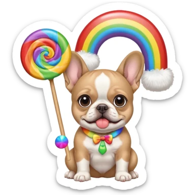 baby french bulldog wearing a propeller hat and holding a comically large rainbow lollipop  sticker