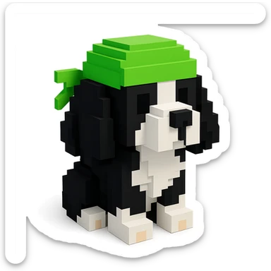 A black and white Russian Cocker Spaniel puppy wearing a green durag, voxel style, sitting sticker