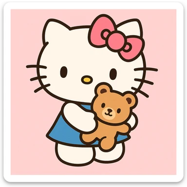 Hello Kitty holding a small teddy bear, pastel colors, kawaii style, light pink background sticker