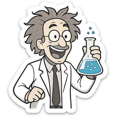 male scientist with wild hair holding a beaker excited expression simple background sticker