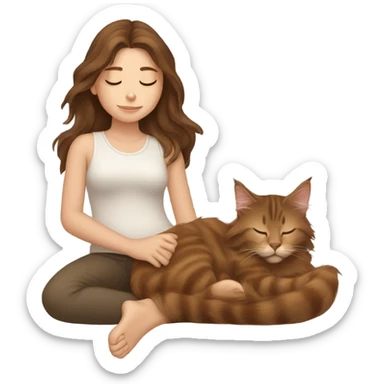 Brown-haired girl sleeping with her brown maine coon cat  sticker