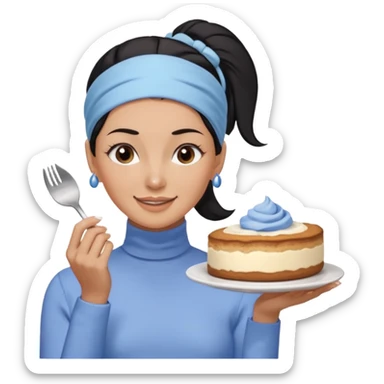  tan skin woman with long face, and short black hair slicked back ponytail with forehead showing, wearing a periwinkle colored headband and wearing pale blue turtleneck shirt, eating tiramisu smiling with hair pulled back sticker
