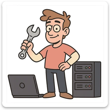 toolkit for a full-stack web developer, including a laptop, wrench, and server rack, flat toon style sticker