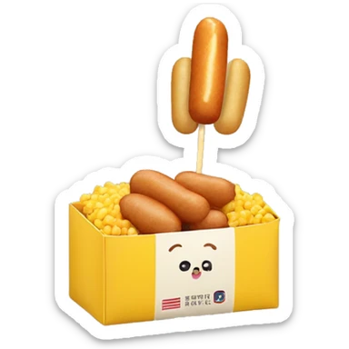 Korean corn dog with mini potatos on it and it’s in a cute little yellow box sticker