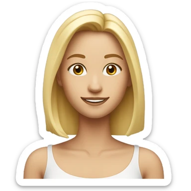Hair: Blonde, straight, shoulder-length.
Eyes: Warm and expressive.
Expression: Friendly smile.
Face shape: Oval with gentle features.
Skin tone: Light with a healthy glow.
Clothing: Simple blouse in a soft color. sticker