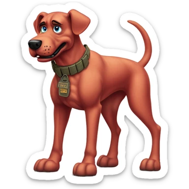 Desert storm hot tall blue eyes Clifford the big red dog muscled with tattoos on arms book illustration as a military call of duty character standing alone sticker