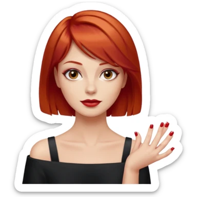 capelli corti di colore rosso, tagliati leggermente sopra le spalle e con una chioma piena e ben curata. Ha la carnagione chiara, il collo sottile Le mani con lo smalto rosso, Ha lo sguardo fiero e sicuro di sé ed una personalità dominante sticker