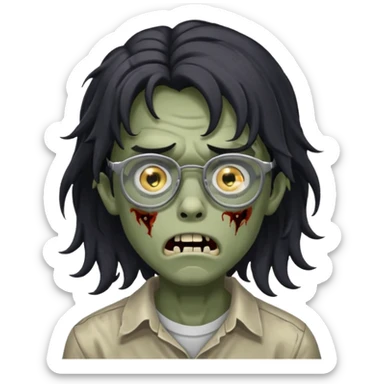Faça um adolescente zombie com cara de assutado com cortes no rosto, com óculos é cabelos grandes ondulado preto, masculino  sticker