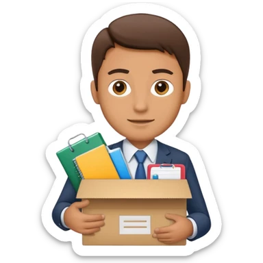 I want an emoji that represents moving out of the office. It's like a businessman with a cardboard box with box office utilities inside of the box. sticker