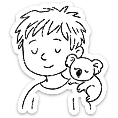light brown messy haired boy with a tiny sleepy koala on his shoulder, hand drawn outlined icon sticker