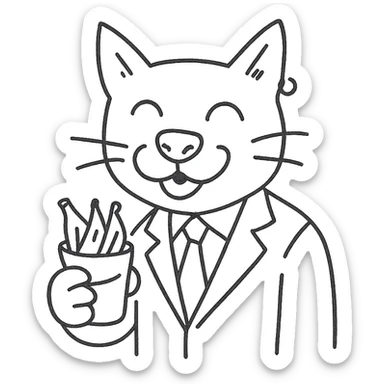 cat with a dog nose, wearing a suit, earring, holding a cup of bananas, playful expression sticker