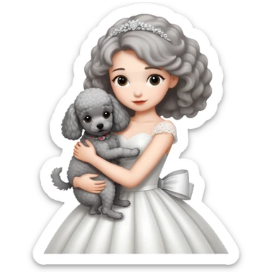 beautiful girl in a wedding dress hugging a small gray poodle sticker