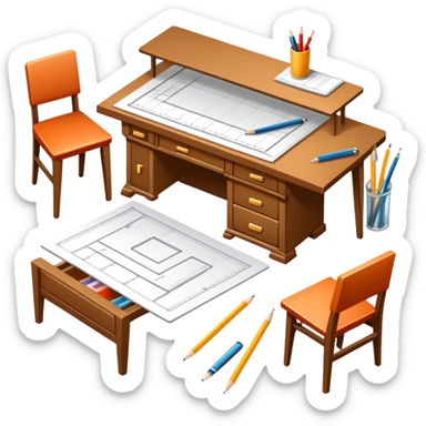 Icon for Furniture Design: a furniture drawing with 3D models of furniture pieces placed on top, accompanied by rulers and a pencil. The icon should represent the design process with focus on precision and modeling. Transparent background. sticker