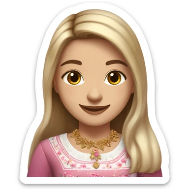 Slavic girl, white skin, brown eyes, black-to-blonde ombre straight tail, smiling with teeth, wearing beautiful blouse with a folk pattern of small pink flowers, a gold necklace. sticker