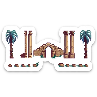 pixel art of the ancient ruins of Carthage with palm trees sticker