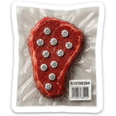 steak with sparkling diamonds embedded, glossy and puffy, vacuum-sealed style sticker