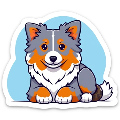 Merle Australian Shepherd dog laying down, spotted blue merle coat, fluffy fur sticker