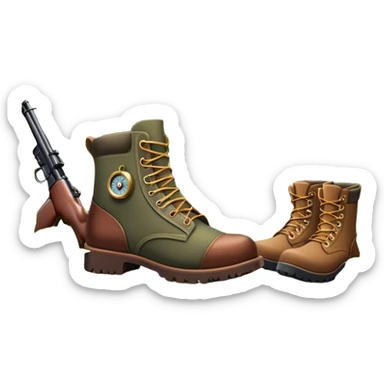 Icon for Hunting Tourism: a rifle, hunting boots, and a compass on a forest background, with a silhouette of wildlife in the distance. The icon should capture the adventure and connection with nature in hunting tourism. Transparent background. sticker